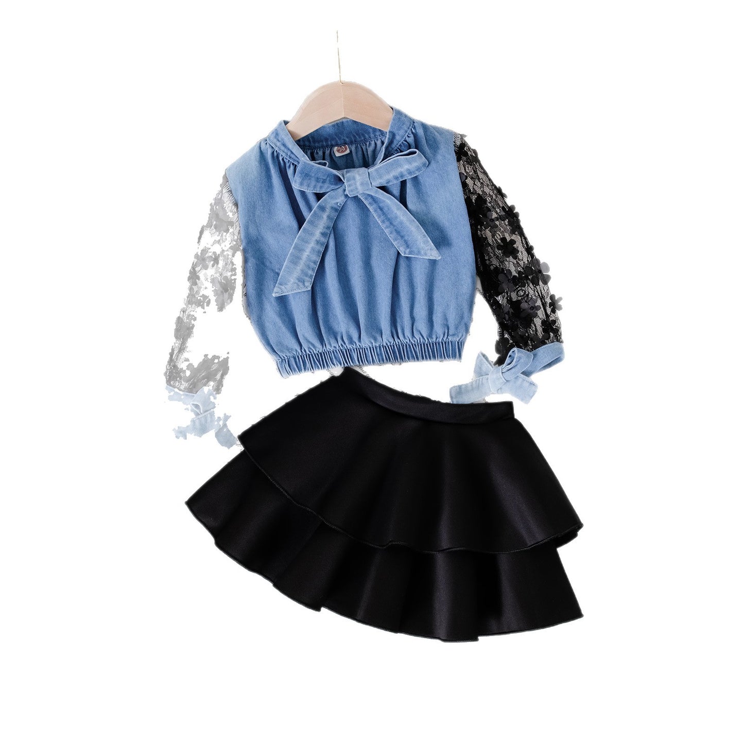 Hollow-out Long Sleeve Girls Dress Two-piece Set