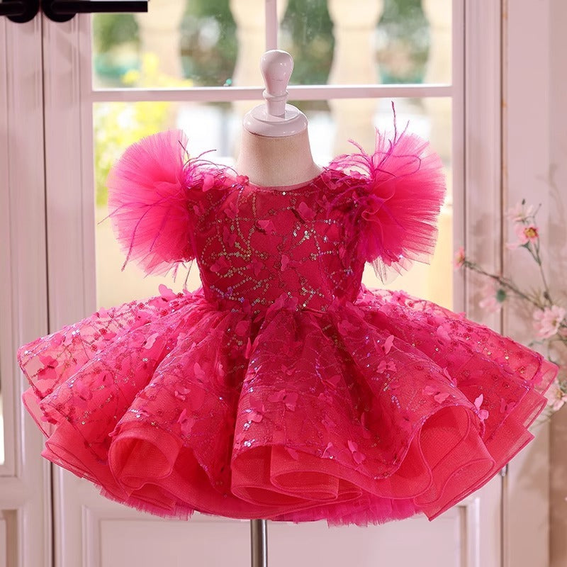 Rose Red Butterfly Sequined Long Sleeve Princess Children's Birthday Party Dress