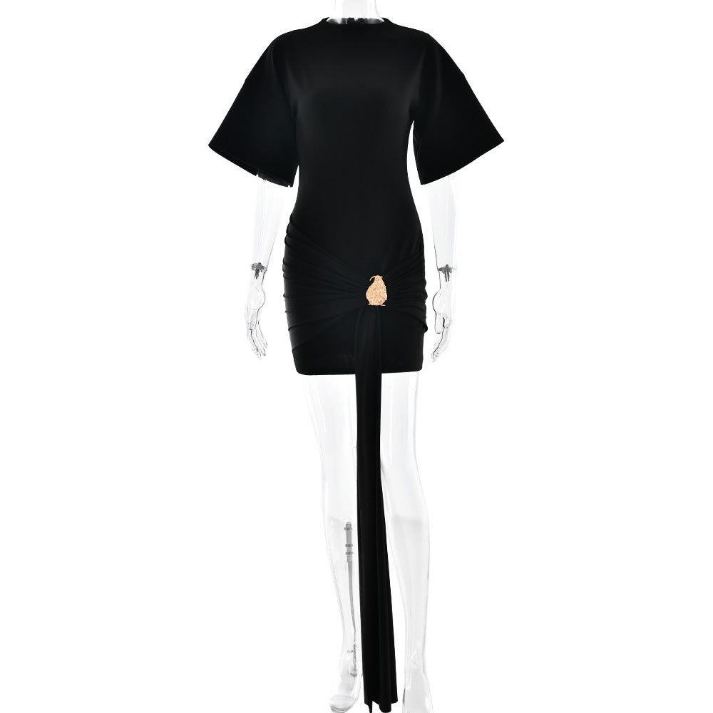 Fitted Half-sleeve Dress With A Tie Ruffles And A Cinched Waist