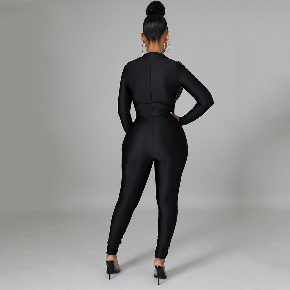 Mesh Print Stitching Long-Sleeved Jumpsuit