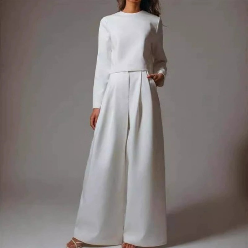 Loose-fitting Solid Color Long Sleeves Casual Two-piece Suit Wide Leg Pants Suit