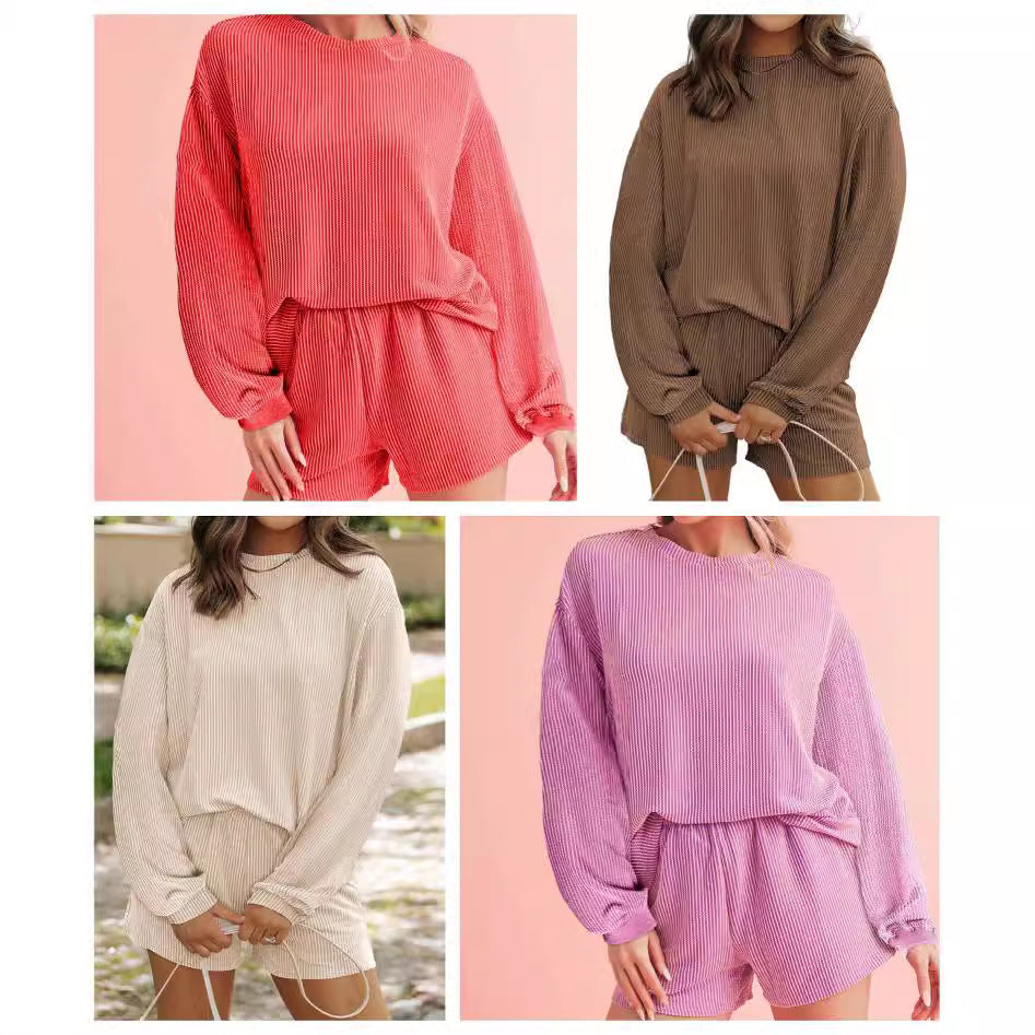 Women's Long-sleeve Shirt Shorts Two-piece Set