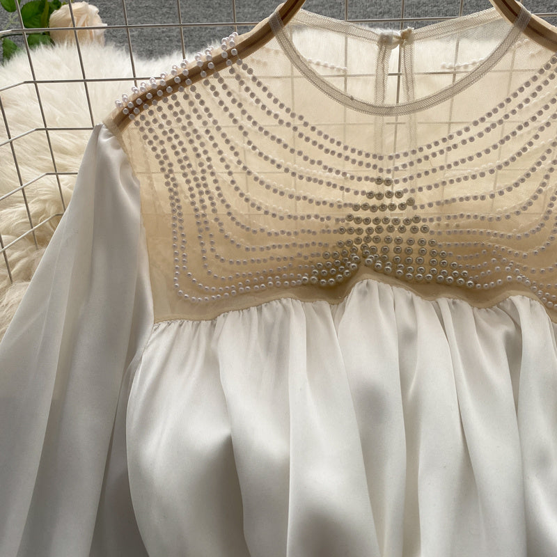 Slim Pleated Mesh Beaded See-through Design Chic Top