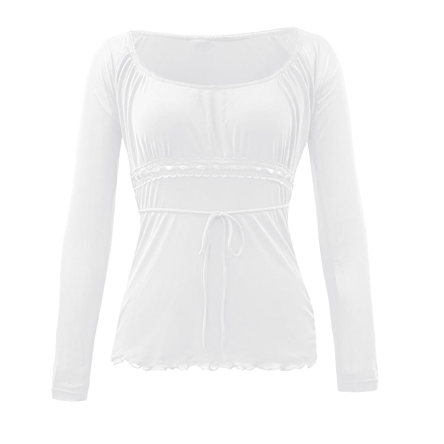 Autumn Mesh Lace Pullover Bow Waist Long Sleeve Top