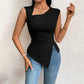 Diagonal Collar Slim-fit Solid Color Short Sleeve Women