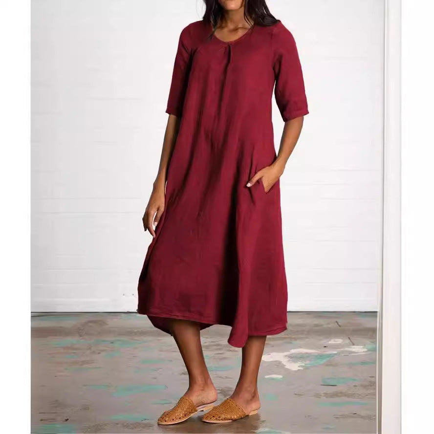 Round Neck Half Sleeve Long Solid Color Casual Cotton And Linen Dress
