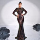 Long Sleeve Temperament Crew Neck Long Sequined Banquet Evening Dress