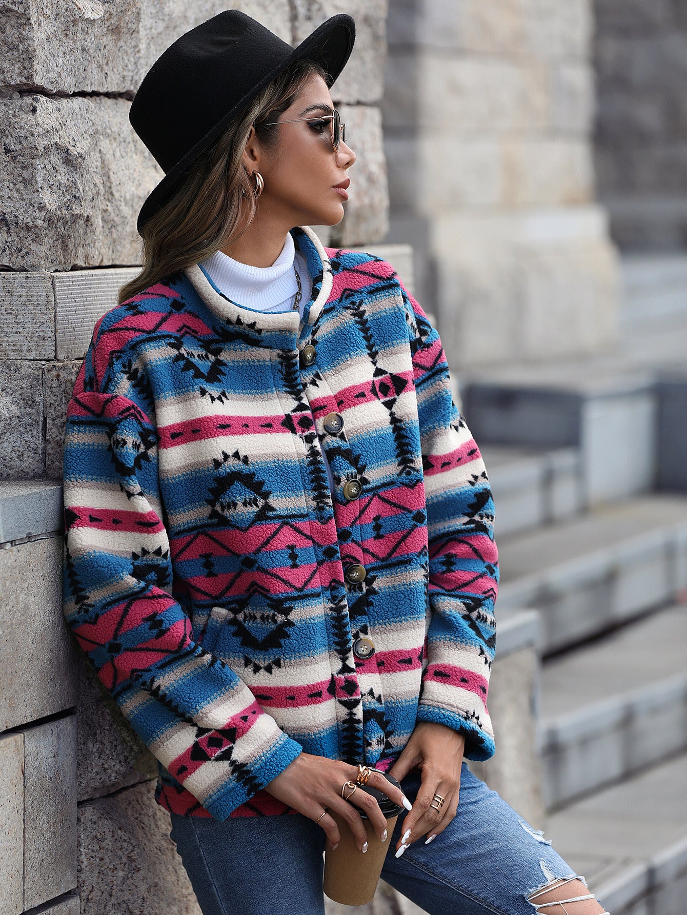 New Casual Plush Women's Loose Single Breasted Geometric Coat