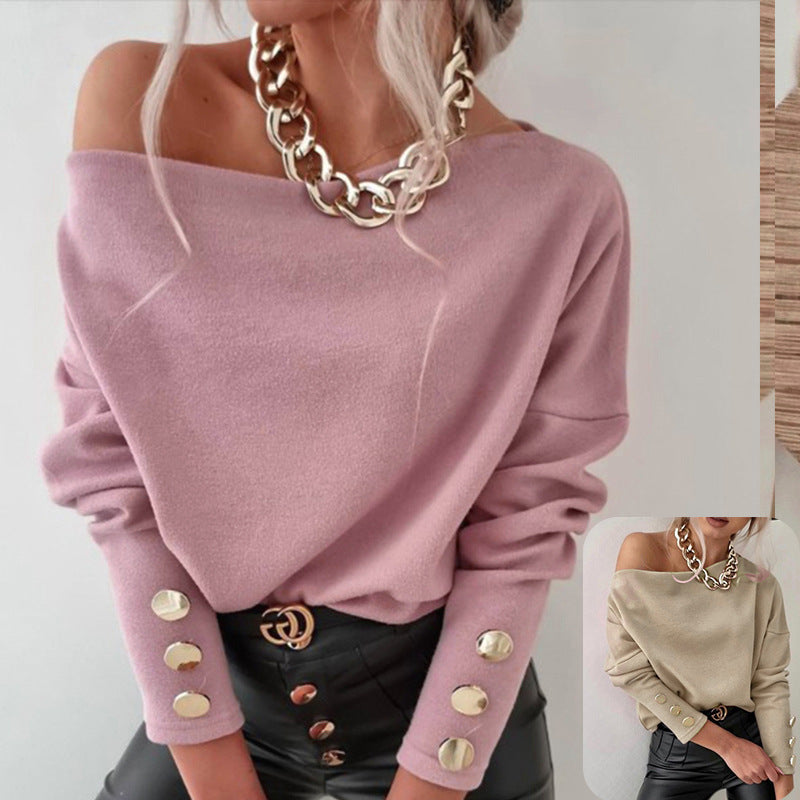Slim-fit Women's Blouse With One-line Collar And Off-shoulder