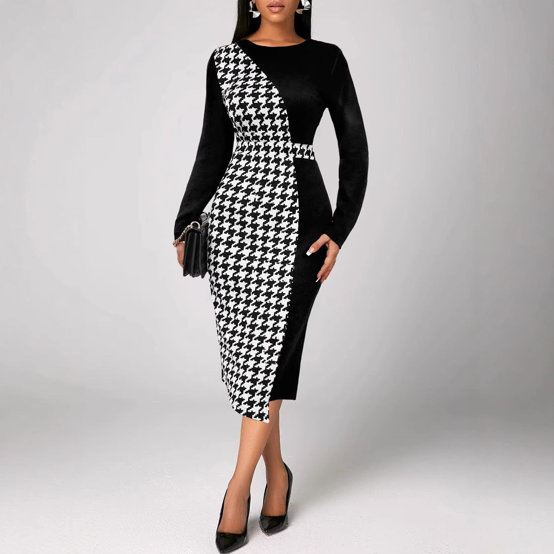Multicolor Printing Cross Hem Neck Stripe Long Sleeve Plus Size Dress