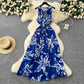 Retro Crew-neck Lace-up Sleeveless Printed Dress