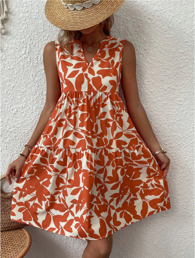 Robe bohème d'été à imprimé plissé et col en V, sans manches, pour femme