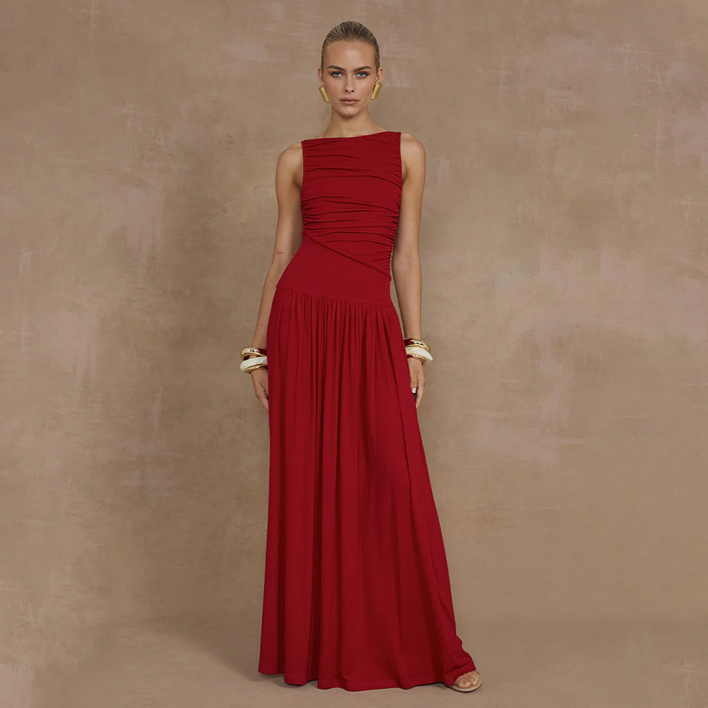 Sleeveless Pleated Slim Solid Color Dress