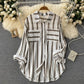 Mid-length Vertical Stripes Multi-color Shirt Coat Casual Loose Top