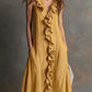 Solid-color Sleeveless Cotton-Linen V-Neck Maxi Dress With Ruffled Hem