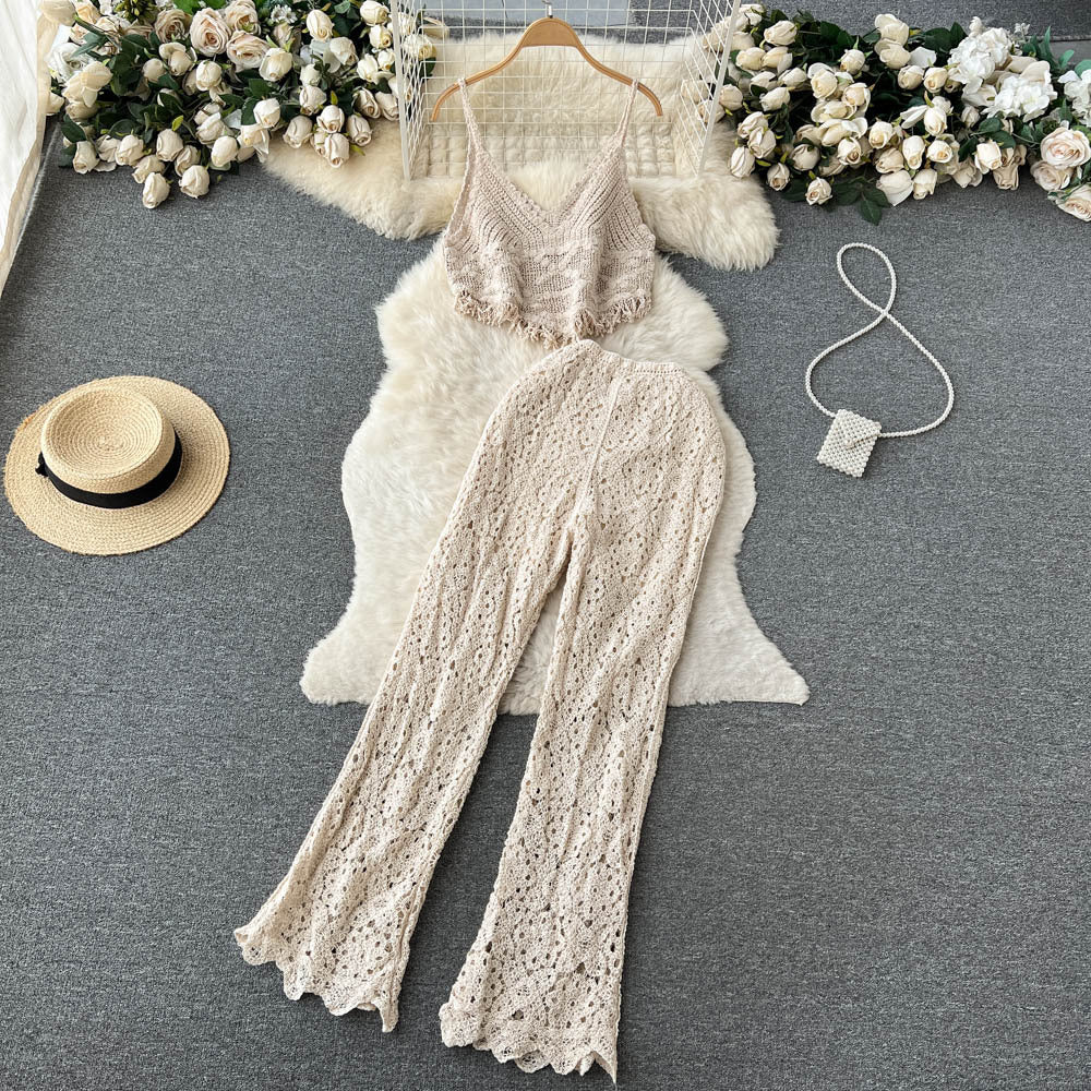 Travel Holiday Style Women's V-neck Tassel Suspender Tube Top Two-piece Set