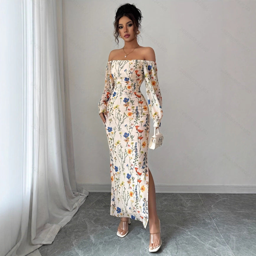 Elegant Off-the-shoulder Floral Branch-print Dress For Women