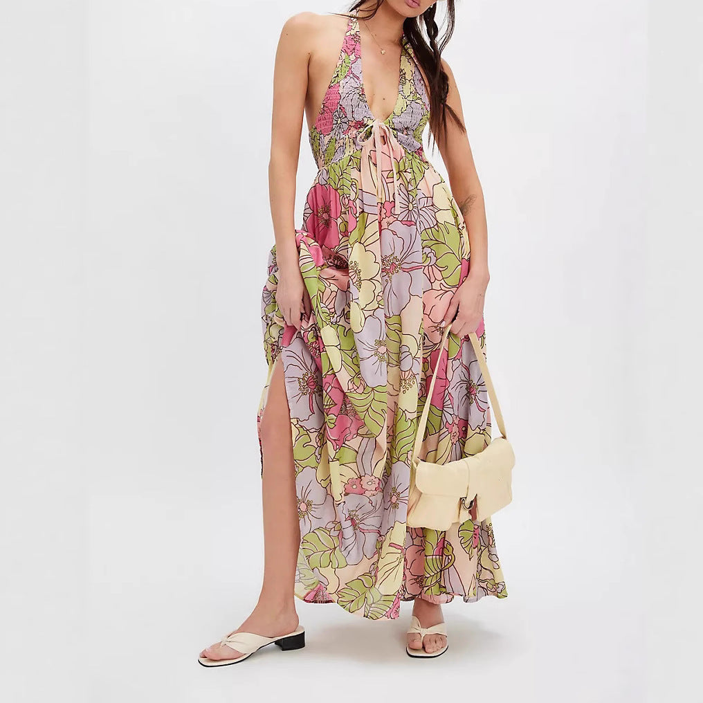 V-neck Resort-style Backless Sleeveless Printed Dress