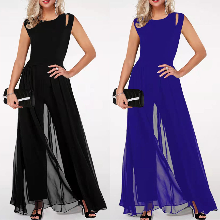 Women's Stitching One-piece Slim-fit Round Neck Sleeveless Solid Color Jumpsuit