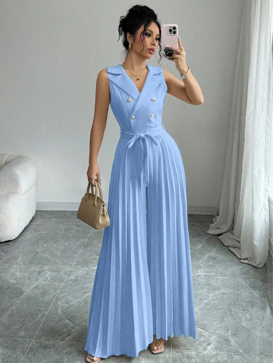 Suit Collar Bow Tie Belted Waist Pleated Jumpsuit