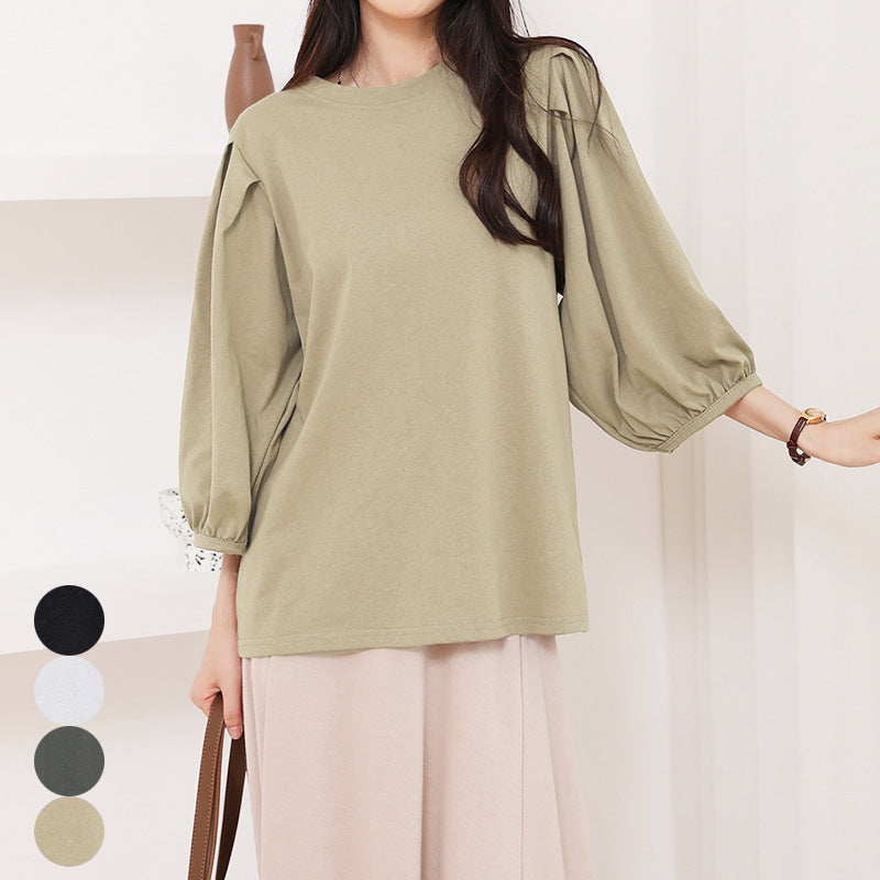 Japanese Cotton T-shirt Women's Breathable Lantern Sleeve