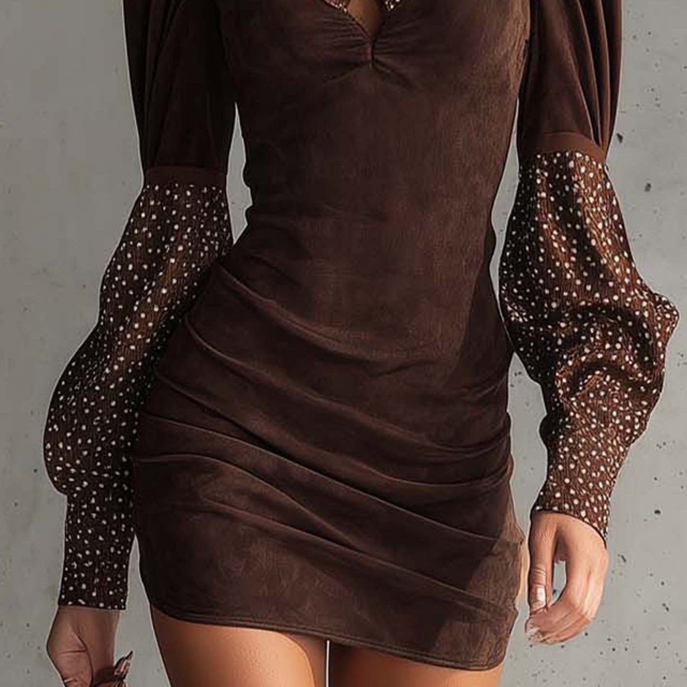 Silk-like Polka-dot Spliced Suede Sheath Skirt