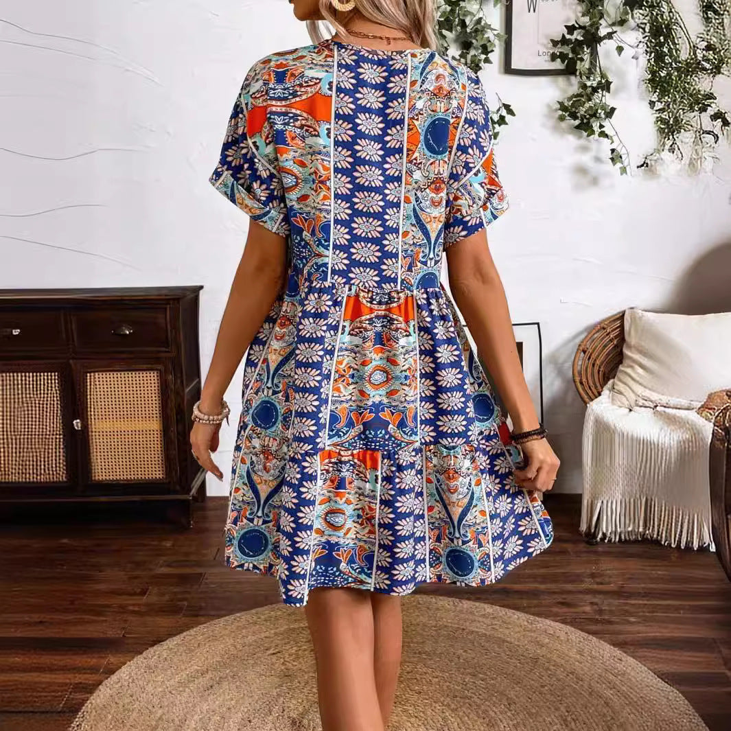 V-neck High Waist Batwing Sleeve Holiday Dress
