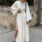 Cotton Round Neck Long Sleeves Short Top Slit Skirt Suit