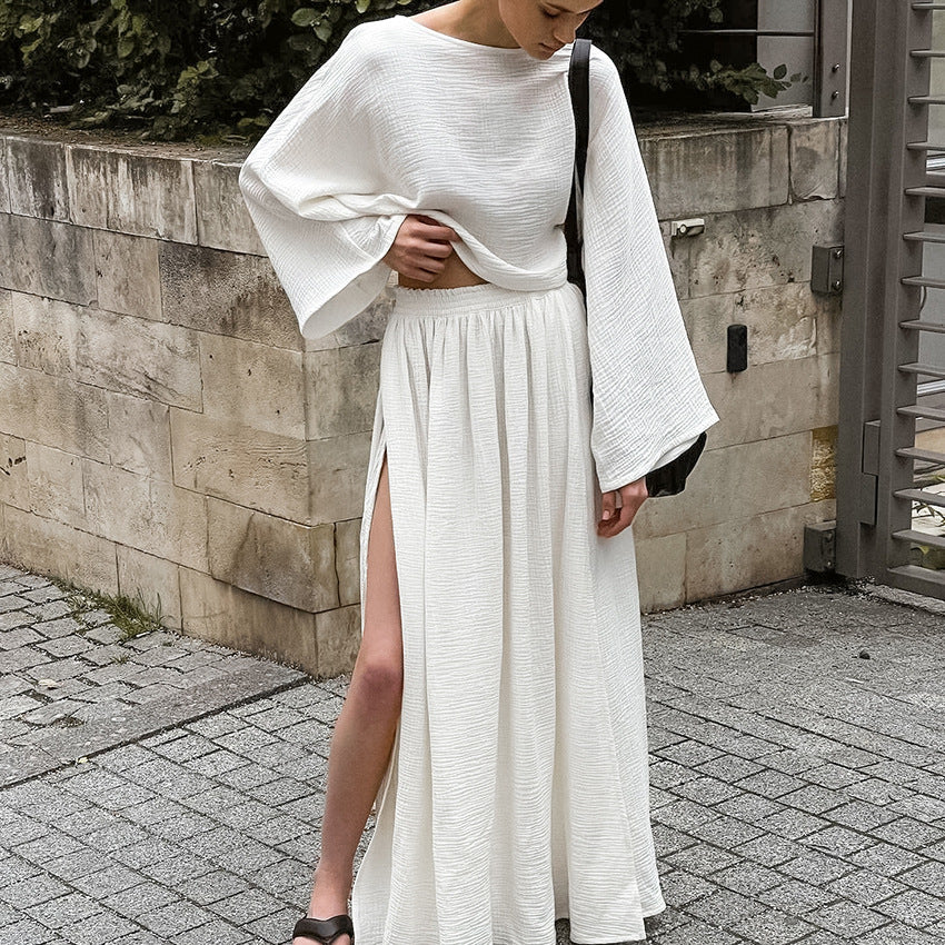 Cotton Round Neck Long Sleeves Short Top Slit Skirt Suit