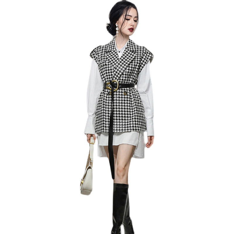 Women's New Fashion White Shirt Skirt Houndstooth Two-piece Vest