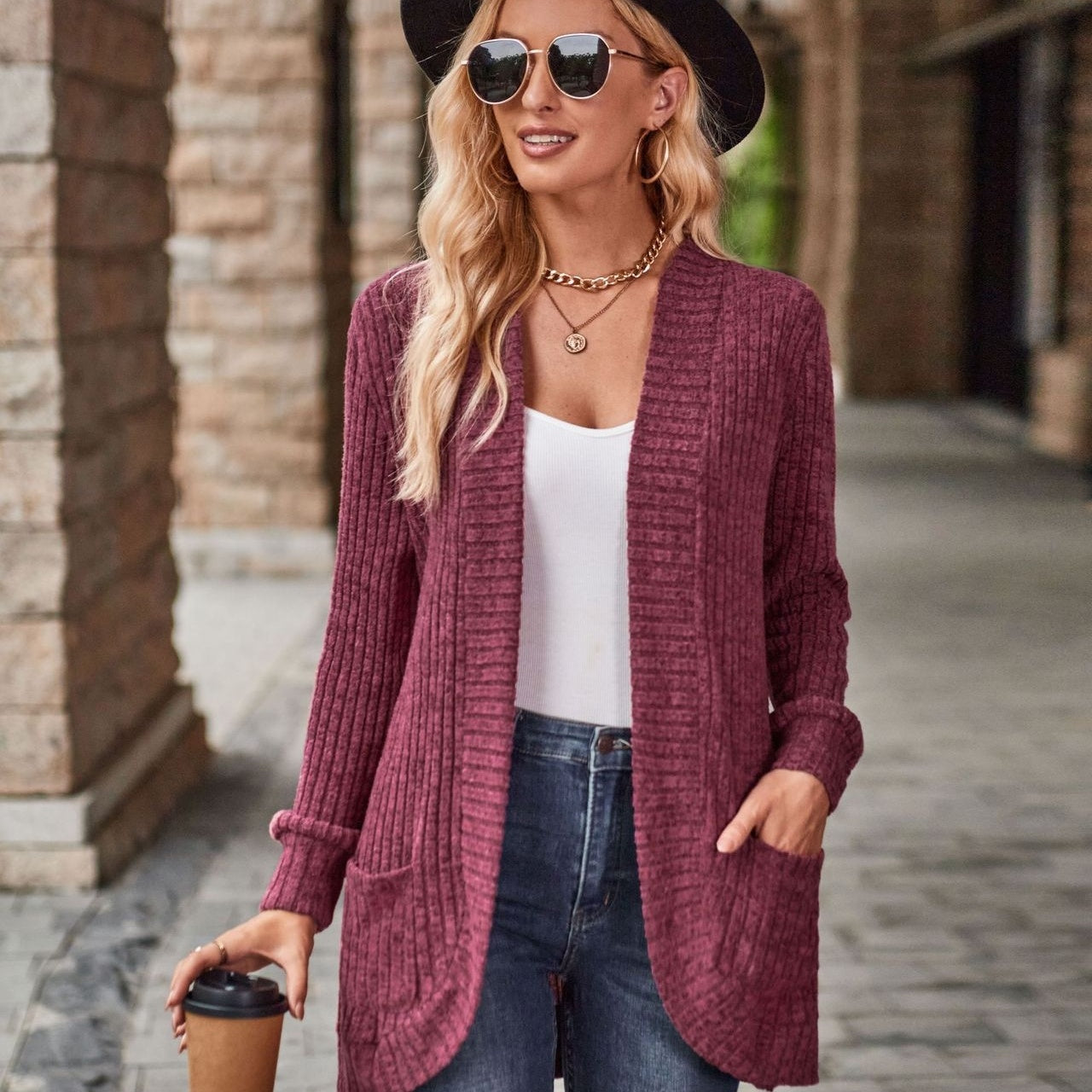 Women's Hollow Striped Brushed Cardigan Jacket