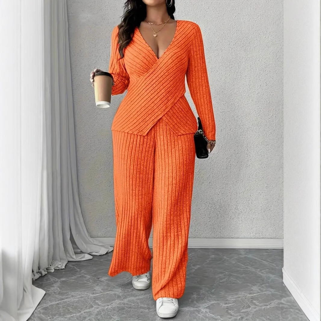 Womens Knitted V-Neck Jumpsuit With Wide-Leg Pants