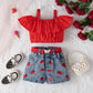 Sling Off-neck Solid Color Top Denim Shorts Suit