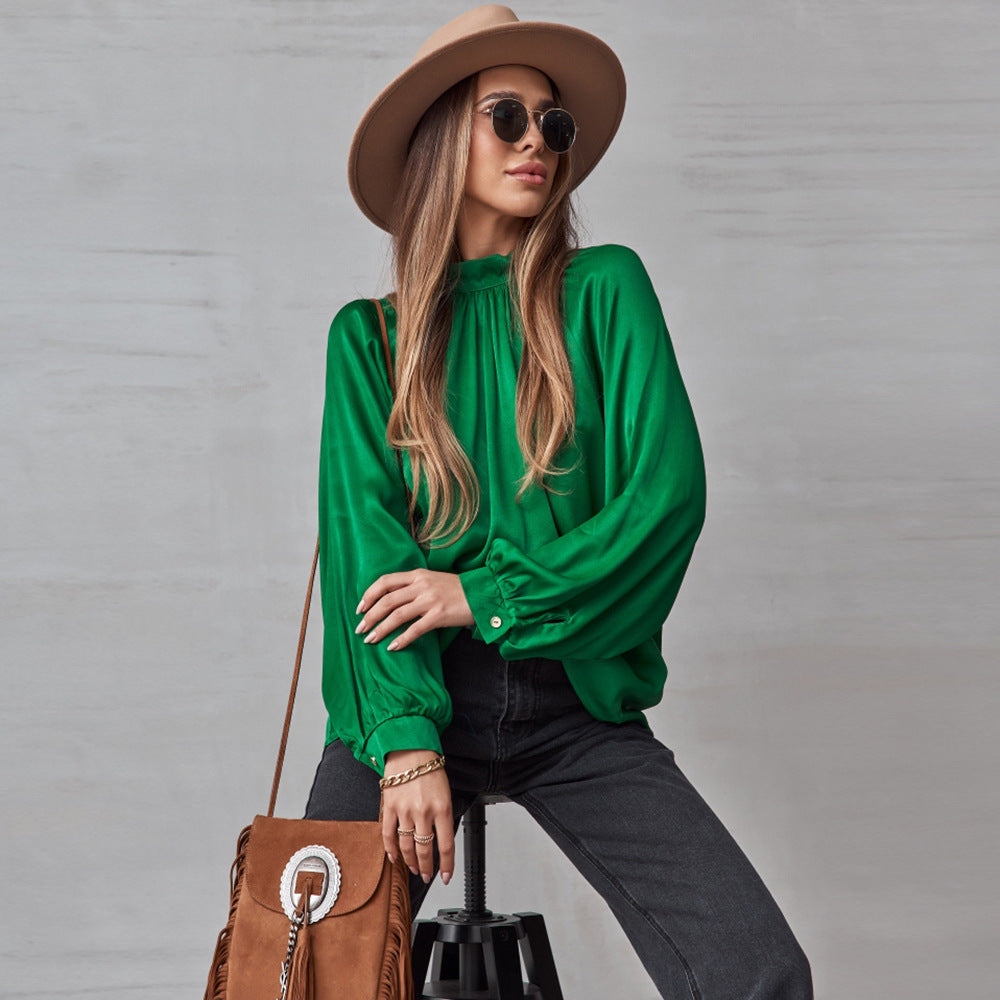 Irregular Stand Collar Stitching Lantern Sleeve Shirt Top