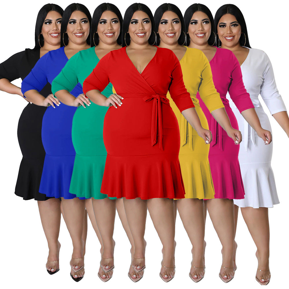 Sexy V-Neck Lace-Up Bodycon Dress With Ruffled Hem Plus-Size Women's Wear