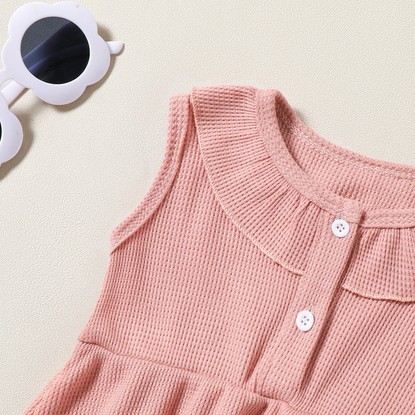 Ensemble trois pièces pour fille, robe sans manches, haut, short, coiffe, motif gaufré