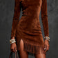 Womens Suede-Like High-Neck Long-Sleeve Tassel Dress