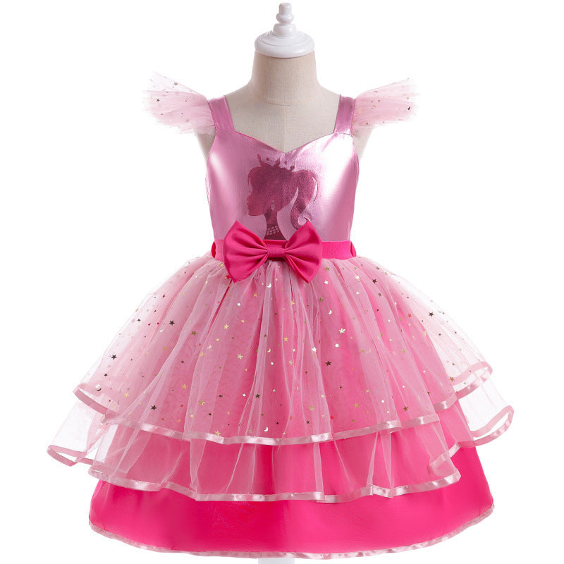 Girl's Simple Cartoon Printed Mesh Dress