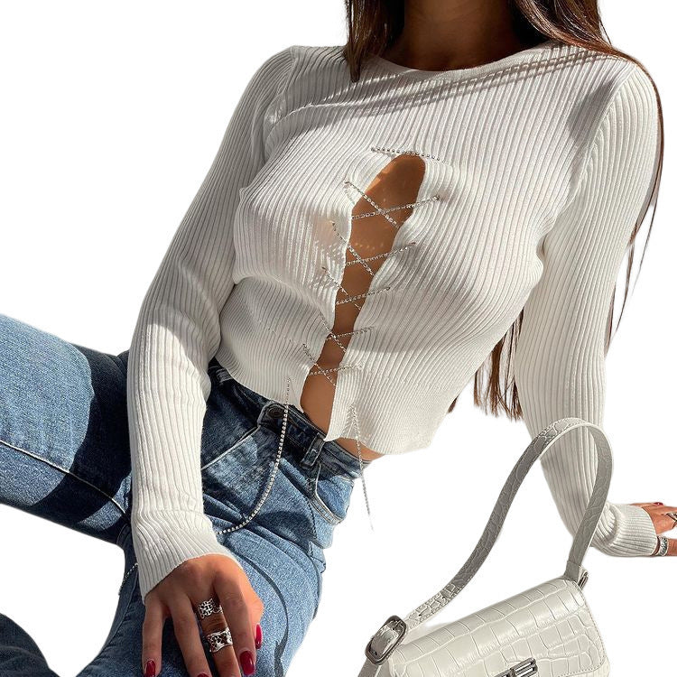 Women's Fashion Hollow Diamond Chain Jersey Top