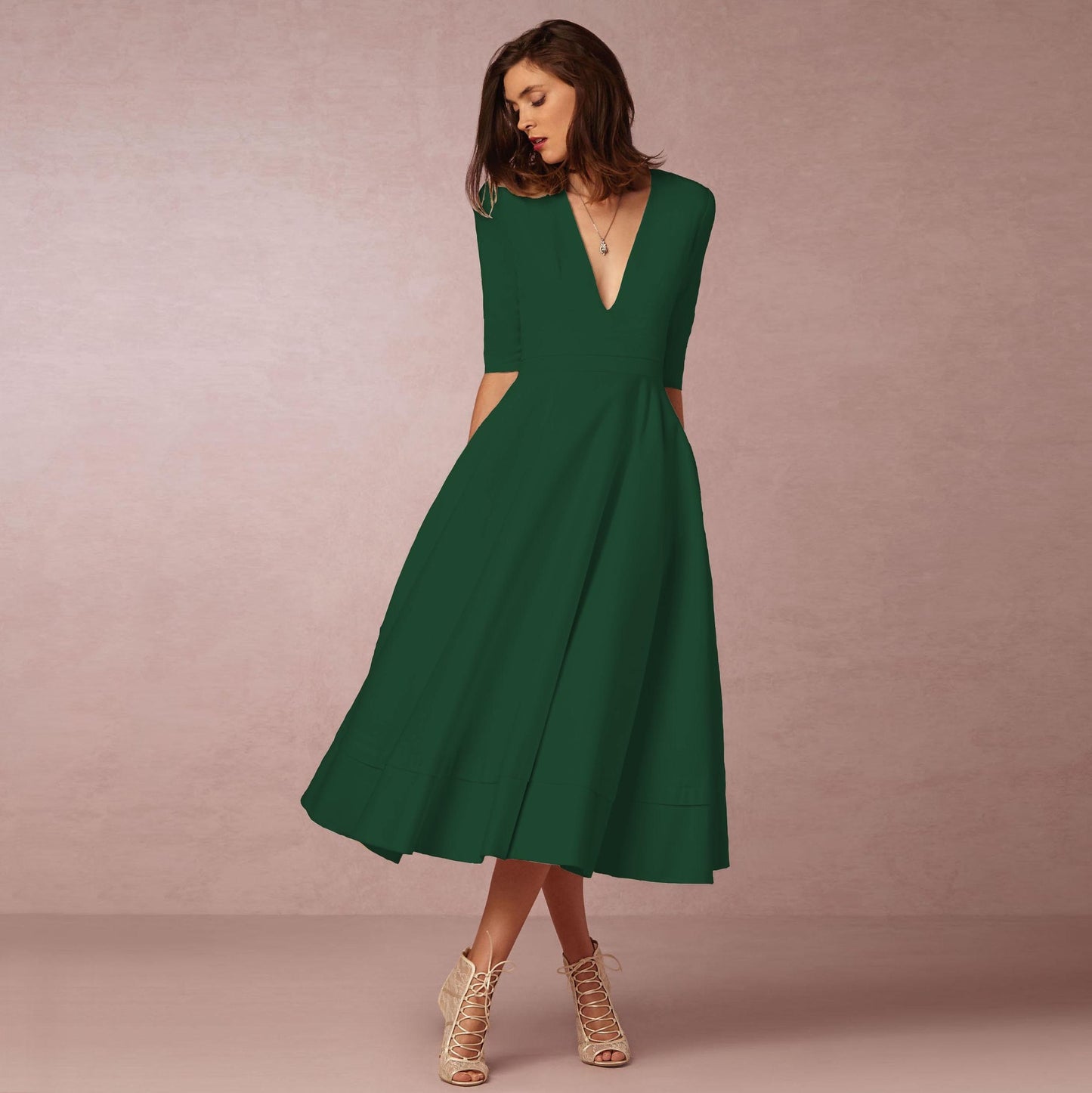 Women's Clothing Evening Dress Deep V Mid-sleeve Large Swing Dress