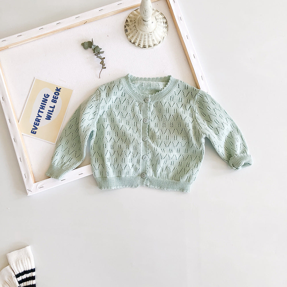 Girls' Solid Color Cardigan Long Sleeved Knitted Hollow Out Jacket