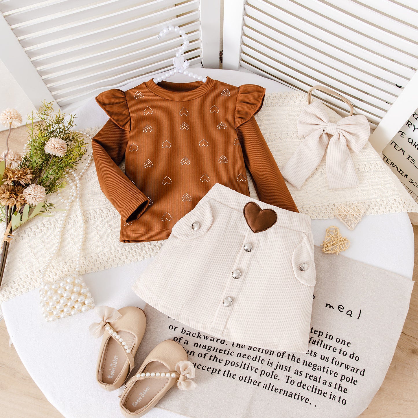 Cute Printed Striped Long-sleeve Short Dress Set