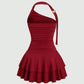 One-Shoulder Halterneck Slimming Waist-Cinching Pleated Skirt Pure And Alluring Versatile Off-Shoulder Dress