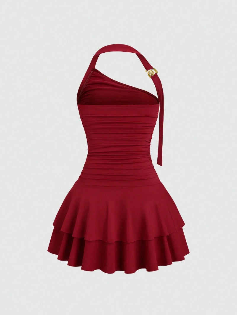 One-Shoulder Halterneck Slimming Waist-Cinching Pleated Skirt Pure And Alluring Versatile Off-Shoulder Dress