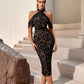 Robe de soirée noire à col roulé et manches courtes