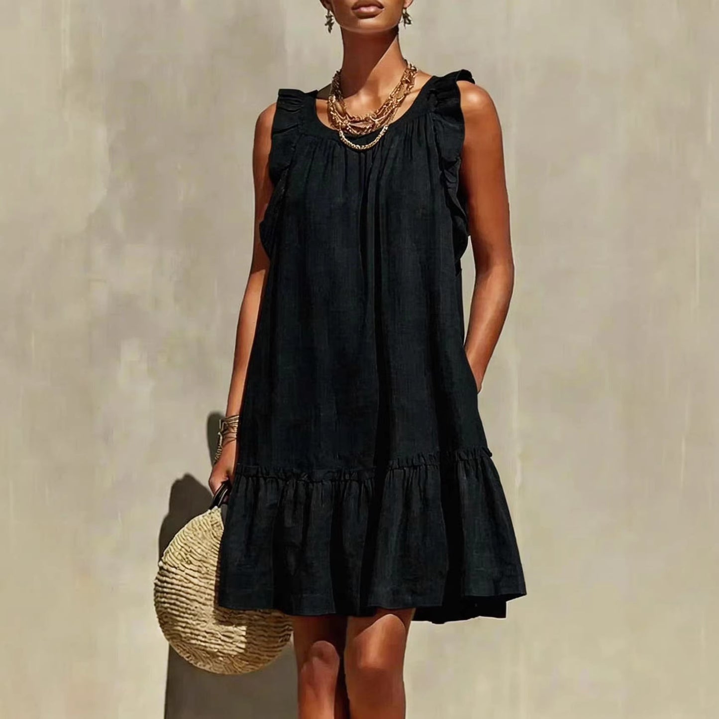 New Stylish Casual Loose Round-Neck Sleeveless Ruffle-Trim Dress