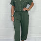 All-matching Solid Color Casual Polo Collar Shirt Wide Leg Jumpsuit For Women