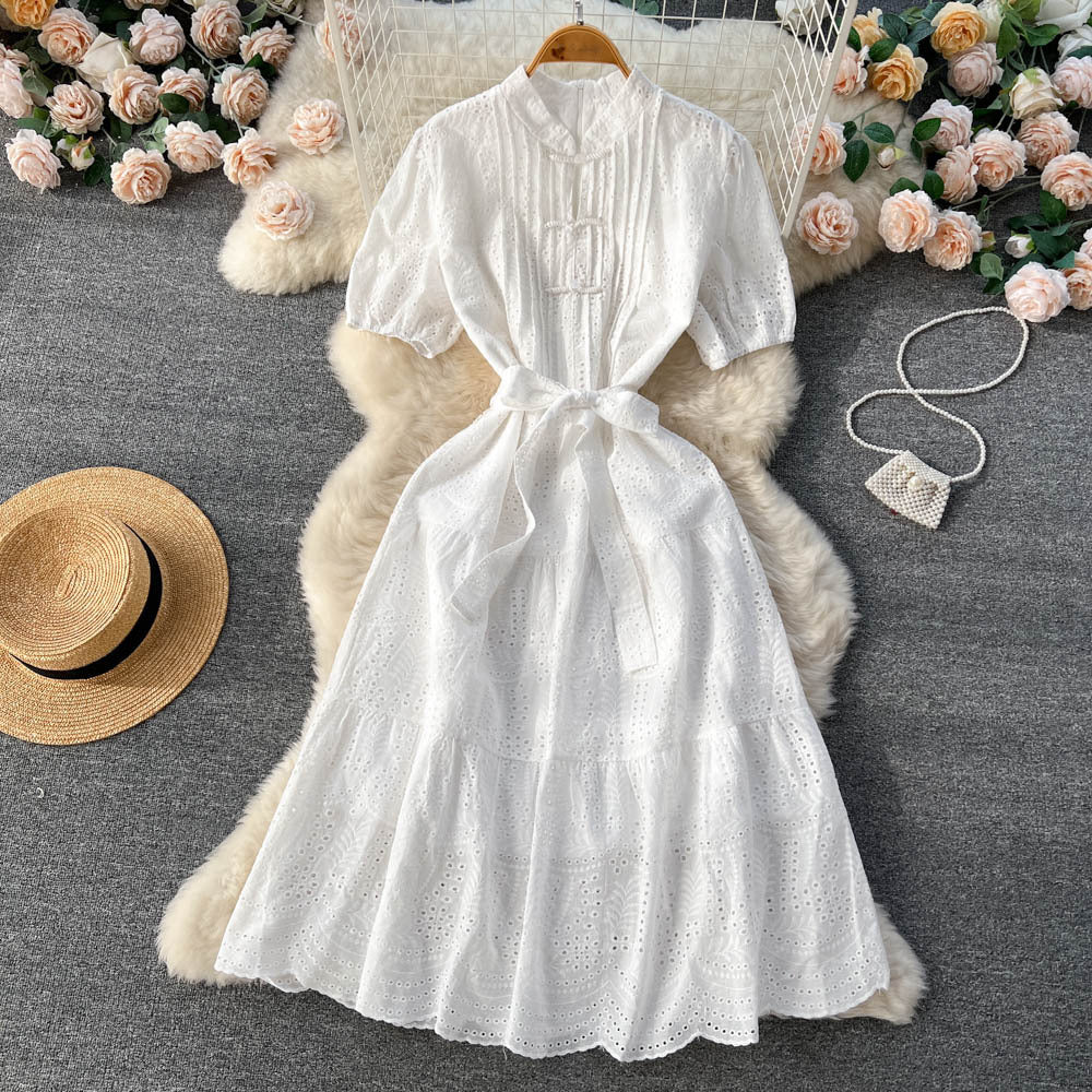 Women's Temperament Fashion Waist-slimming Hollow Bubble Short-sleeved Dress