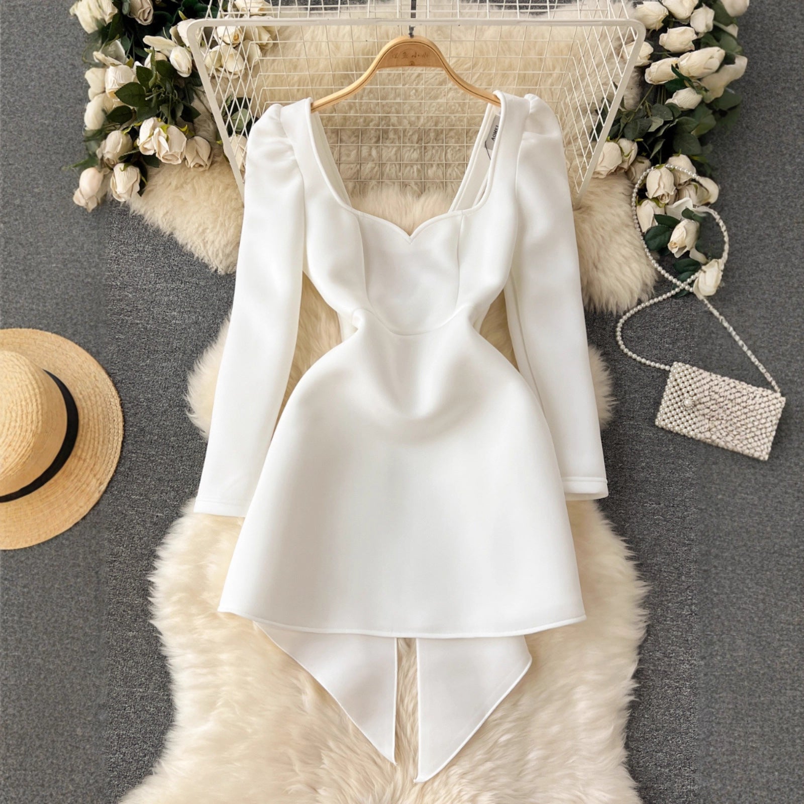 Women's Hollowed-Out Backless Dress With Bow Decoration And Defined Waist