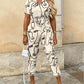 Women's Clothing Lapel Print Cargo Overalls